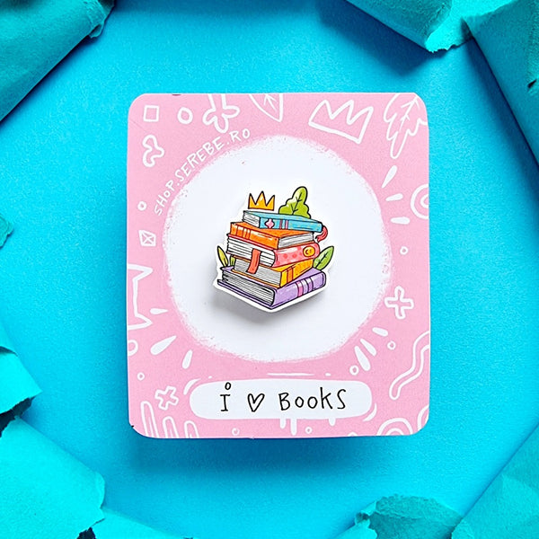 Pin ilustrat "I love books"